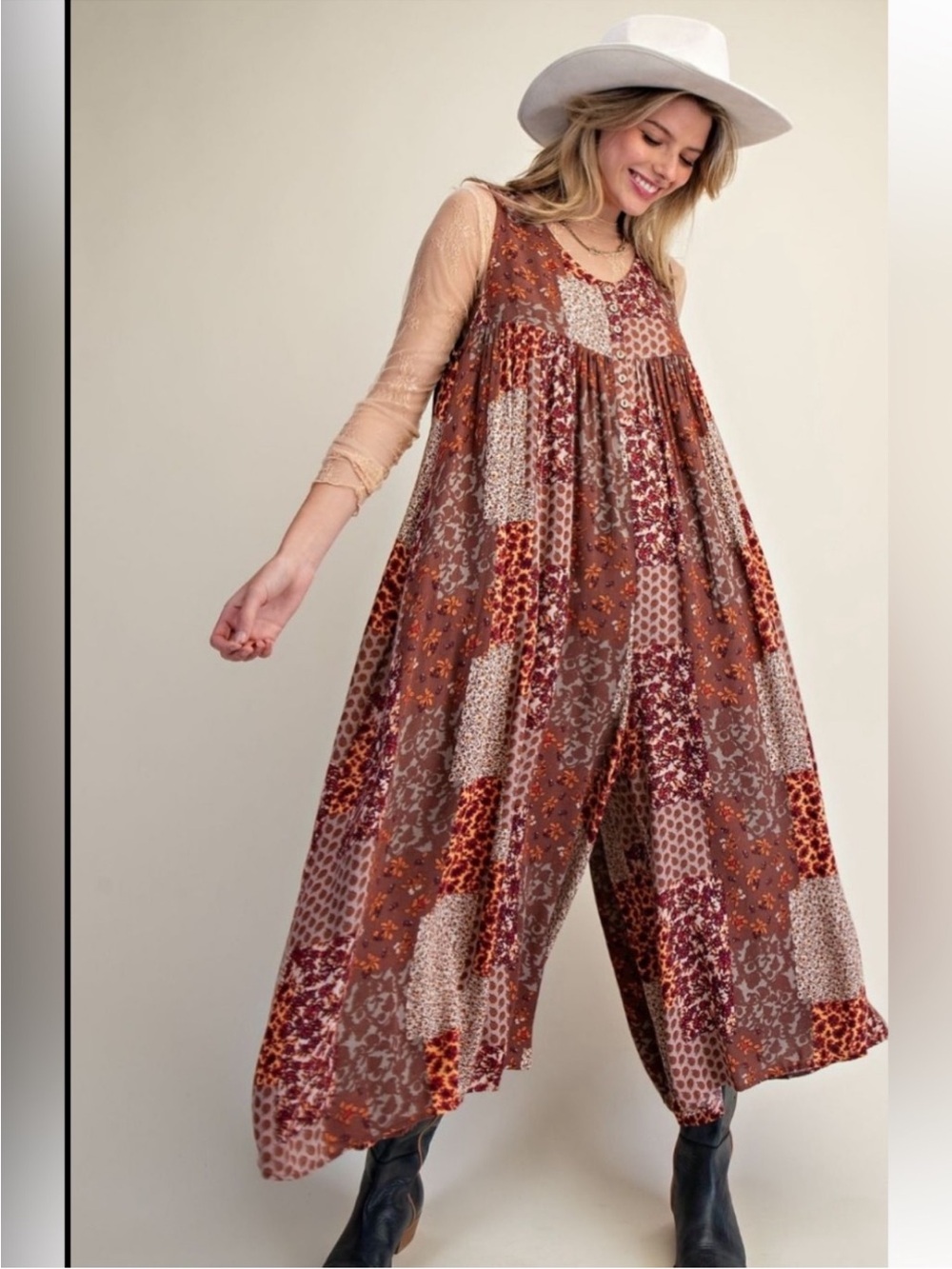 easel Patchwork Boho Wide-Leg Jumpsuit in Brown & Rust